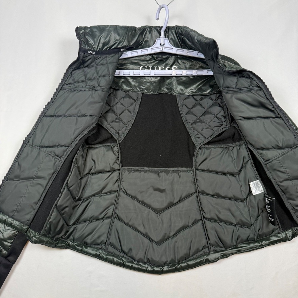 Guess Womens Medium Quilted Puffer Jacket Dark Green Full Zip Hideaway Hood - Picture 3 of 11